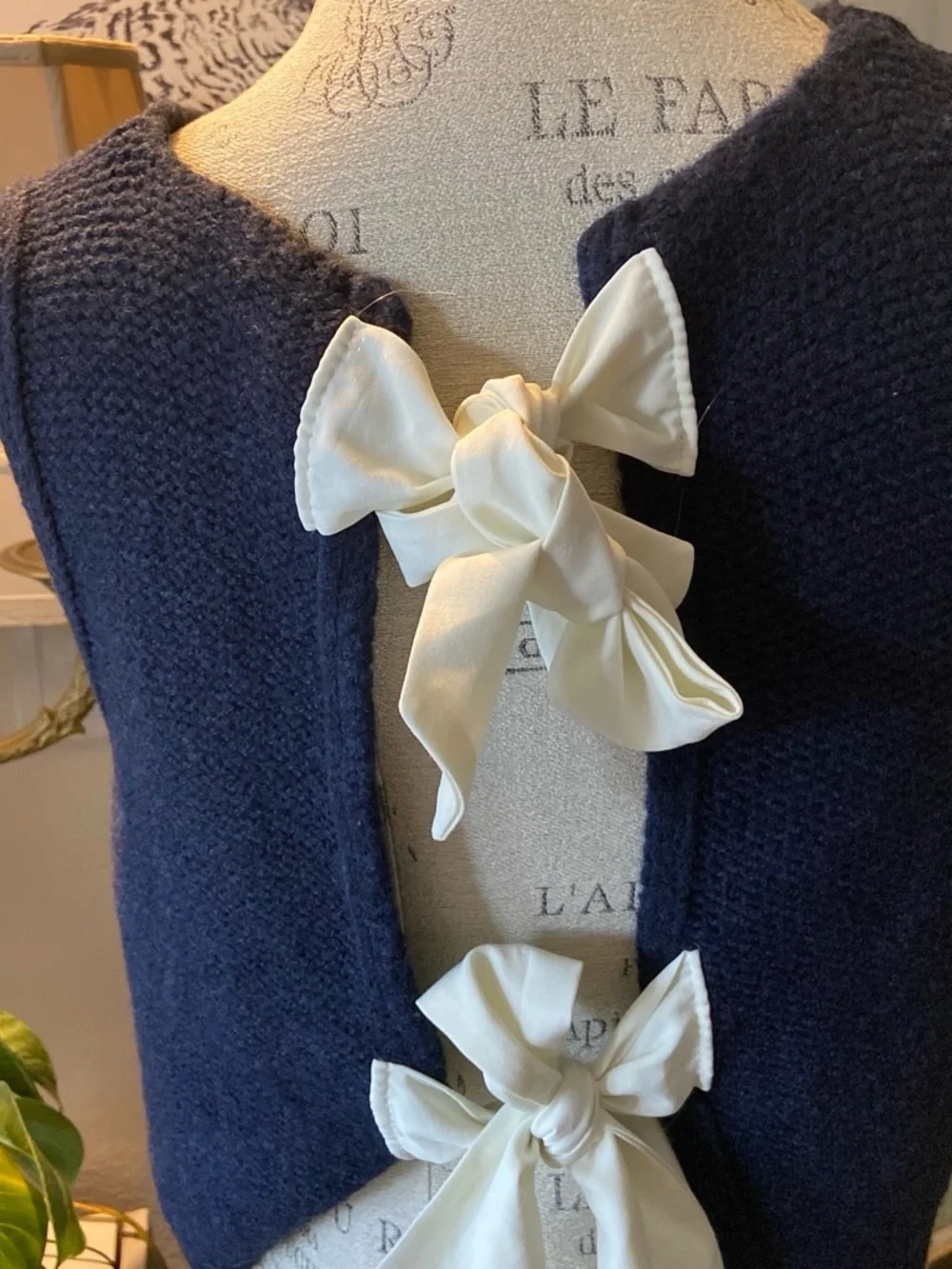 Women’s Navy Knit Vest with Cream Bow Detail